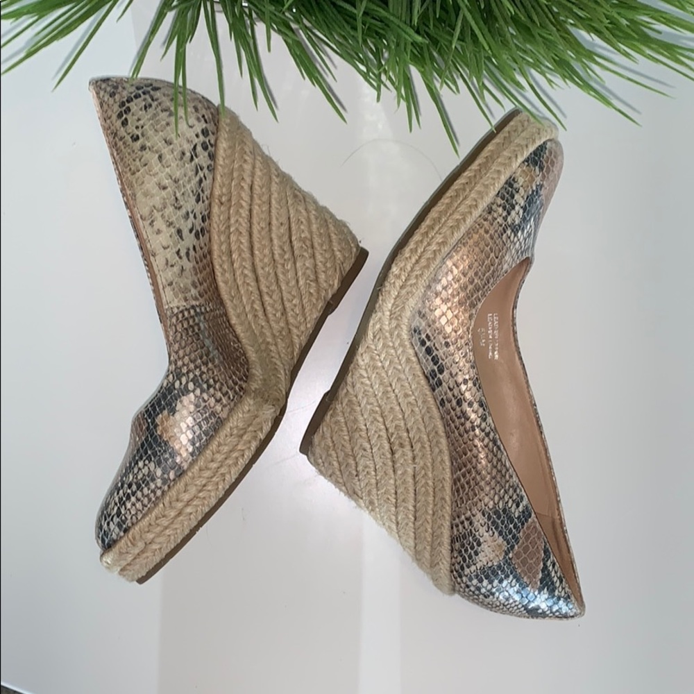 Via Spiga leather snake print wedge heel.